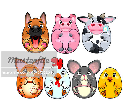 Funny animals rounded like eggs. Cartoon, vector and isolated characters.