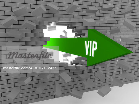 Arrow with word Vip breaking brick wall. Concept 3D illustration.