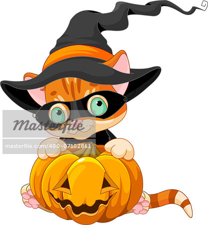 Halloween red tabby kitten with pumpkin