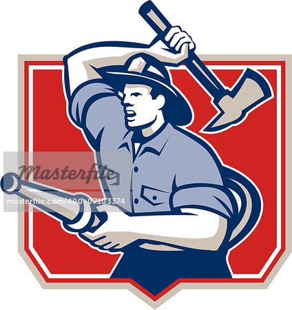 Illustration of a fireman fire fighter emergency worker with fire hose wielding a fire axe set inside crest shield done in retro style.