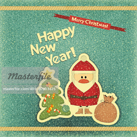 Retro Merry Christmas and New Years Card with Santa Claus and Christmas Tree on a Vintage Jeans  background. Vector illustration.