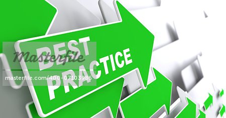 Best Practice - Business Background. Green Arrow with "Best Practice" Slogan on a Grey Background. 3D Render.