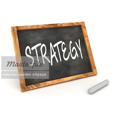 A Colourful 3d Rendered Concept Illustration showing "Strategy" writen on a Blackboard with white chalk