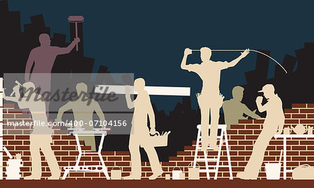 Editable vector colorful illustration of builders and bricklayers