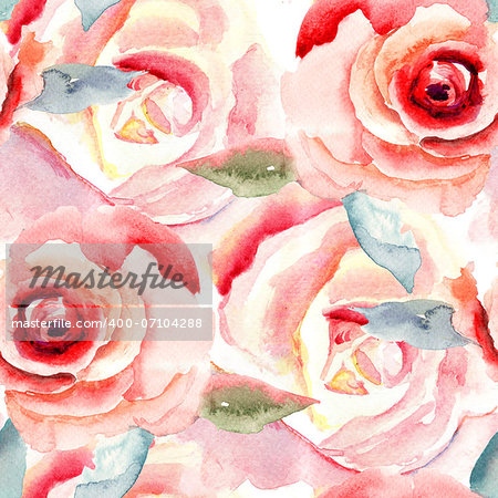 Watercolor painting with Rose flowers, seamless pattern