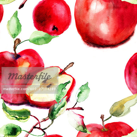 Stylized watercolor apple illustration, seamless wallpaper