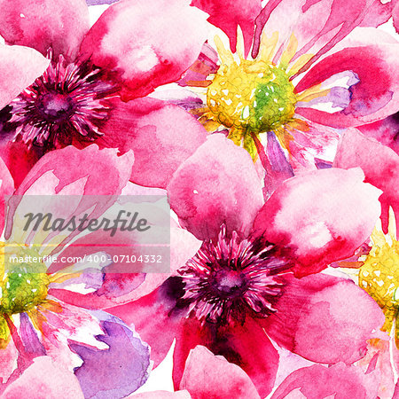 Seamless wallpaper with Pink flowers, watercolor illustration