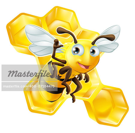 A cute cartoon bee mascot waving in front of honey comb