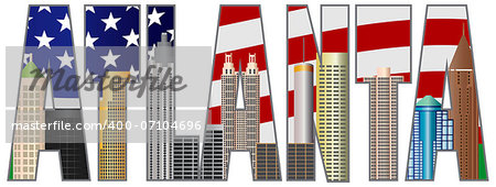 Atlanta Georgia City Skyline Text Outline with USA Flag Background Silhouette Color Illustration