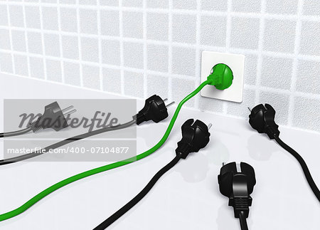 ecological green plug is connected to a white socket placed on the wall instead of others traditional plugs that are waiting on the ground