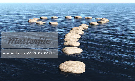 a path in the shape of question mark made of stones above the surface of deep water, in a sunny day.