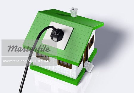 a small house with a socket on the roof is connected to a black cabled plug. On a white background