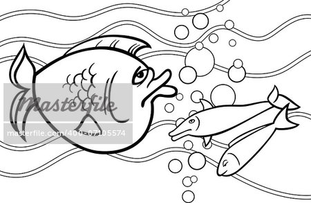 Black and White Cartoon Illustration of Big Fish in the Sea for Coloring Book