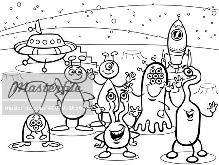 Black and White Cartoon Illustrations of Fantasy Aliens or Martians Comic Mascot Characters Group for Coloring Book