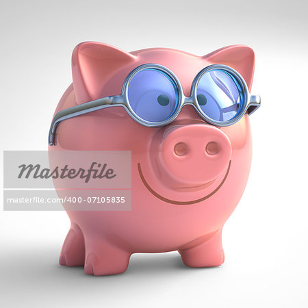 Piggy bank happy with sunglasses. With clipping path included.