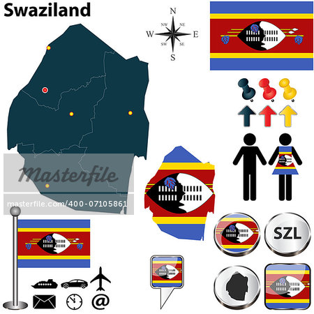 Vector of Swaziland set with detailed country shape with region borders, flags and icons