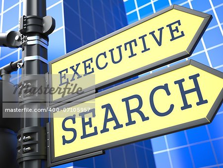Executive Search Words on Yellow Roadsign on Blue Urban Background. Business Concept. 3D Render.