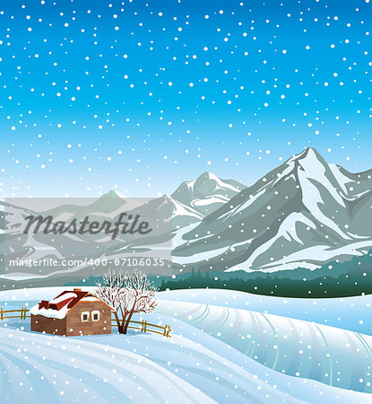 Winter nature landscape with hut, mountains and snowfall.