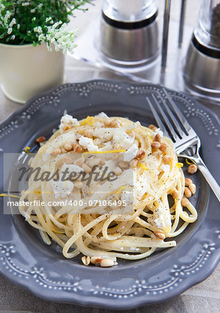 Linguine with cheese, pine nuts and citrus zest