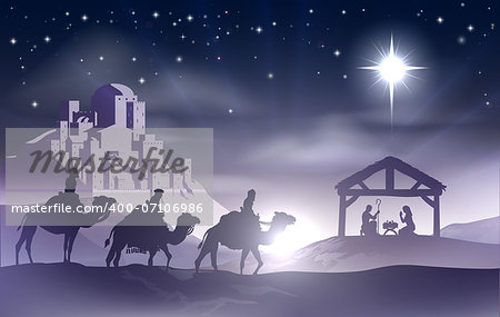 Christmas Christian nativity scene with baby Jesus in the manger in silhouette, three wise men or kings and star of Bethlehem with the city of Bethlehem in the distance