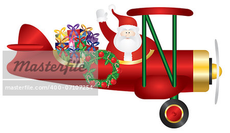 Santa Claus Waving on Biplane Delivering Wrapped Presents Isolated on White Background Illustration