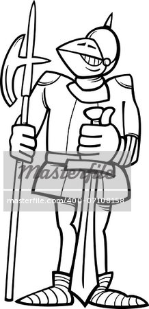 Black and White Cartoon Illustration of Funny Knight in Armor with Sword and Halberd for Coloring Book