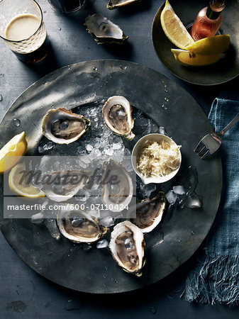 Overhead View of Plate of Oysters, Studio Shot Overhead View of Plate of Oysters, Studio Shot