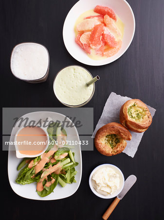 Overhead View of Quiche in Yorkshire Pudding and Salads, Studio Shot