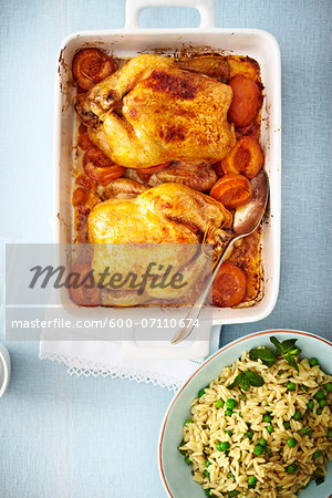 Overhead View of Baked Chicken and Brown Rice with Peas, Studio Shot