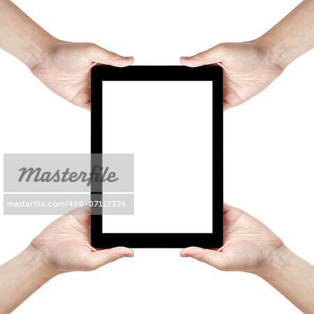 four man hands holding generic tablet pc, isolated