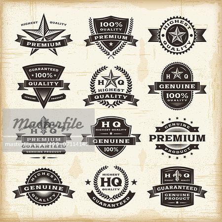 A set of fully editable vintage premium quality labels in woodcut style. EPS10 vector illustration. Use gradient mesh and transparency.