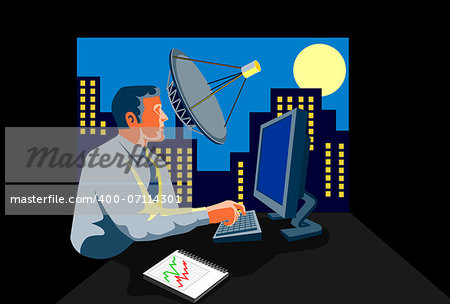 Illustration of businessman with pc computer typing with buildings in the background done in retro style.