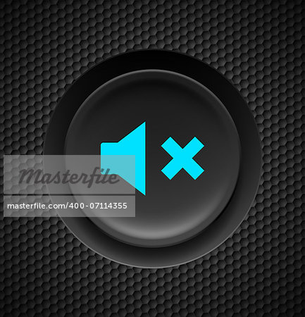 Black button with blue mute  sign on carbon background.