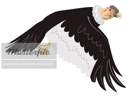 Illustration of a condor vulture in flight with wings down done in retro style on isolated white background.