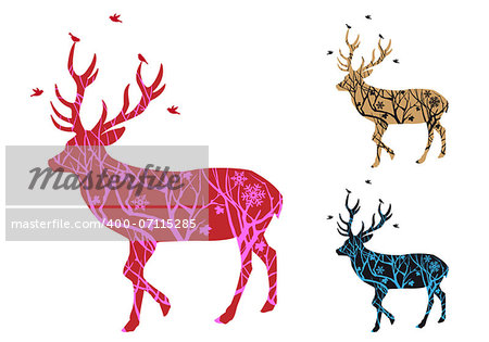 Christmas deer with winter tree pattern and birds, vector illustration