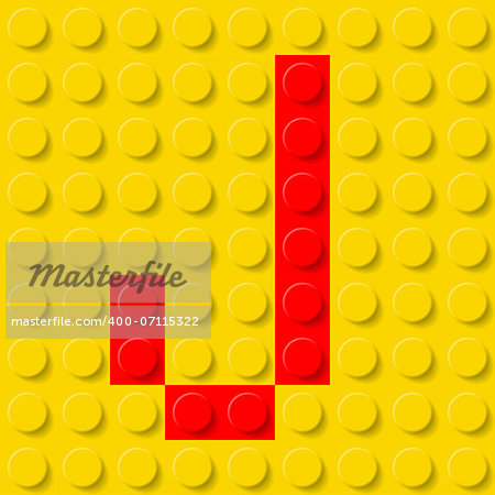 Red letter J in yellow plastic construction kit. Typeface  sample.