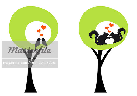 green trees with birds and squirrels, vector illustration