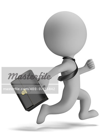 3d small person - businessman running with a briefcase in his hand. 3d image. Isolated white background.