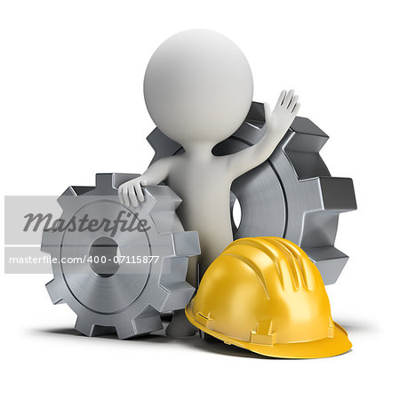 3d small person standing next to the gears and helmet. 3d image. White background.