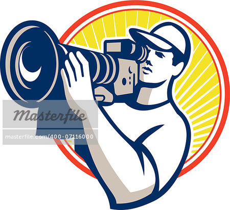 illustration of a cameraman film crew shooting with hd video movie camera set inside circle done in retro style on isolated white background.