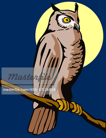 Illustration of an owl perching on branch with moon in the background done in retro woodcut style.