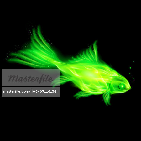 Illustration of green fire fish on black background.