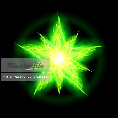 Illustration of green fire star with weak radiance on black background.