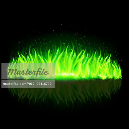 Green wall of fire with weak reflection on black background.