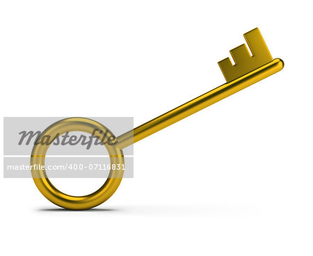 Stylish gold key. 3d image. White background.