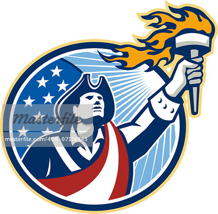 Illustration of an American Patriot holding a flaming torch looking up set inside oval with USA stars and stripes flag on isolated white background.