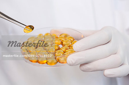 Removing fish oil capsules from petri dish with tweezers