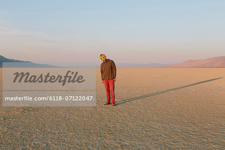 The Landscape Of The Black Rock Desert In Nevada. A Man Wearing An Animal Mask. Casting A Long Shadow On The Ground.