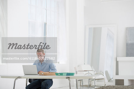 Business. A Man Sitting At A Desk Using A Laptop.