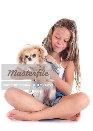 young girl and dressed chihuahua in front of white background